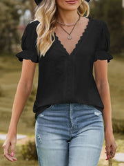 Lace Trim V-Neck Puff Sleeve Blouse