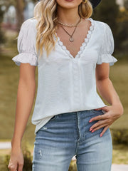 Lace Trim V-Neck Puff Sleeve Blouse