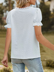 Lace Trim V-Neck Puff Sleeve Blouse