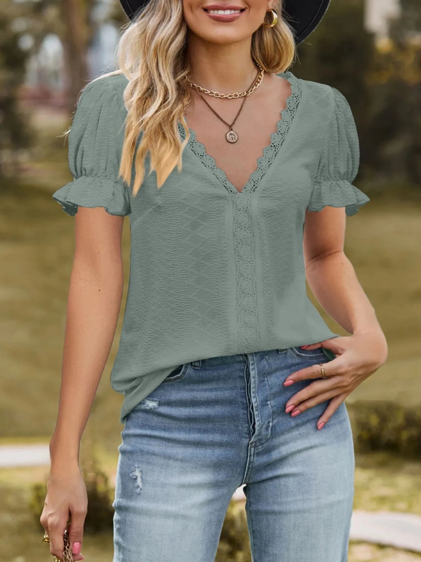 Lace Trim V-Neck Puff Sleeve Blouse