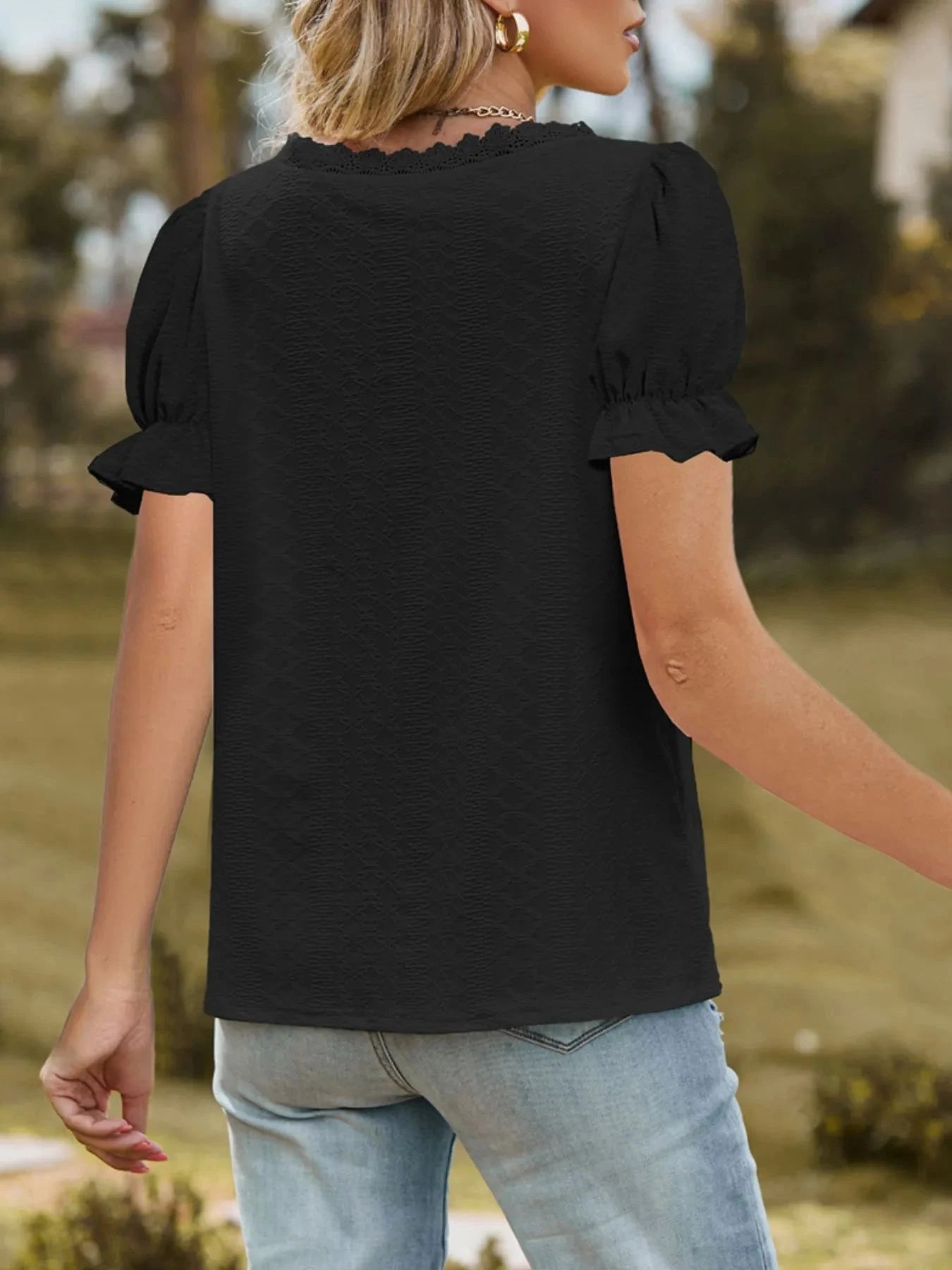 Lace Trim V-Neck Puff Sleeve Blouse