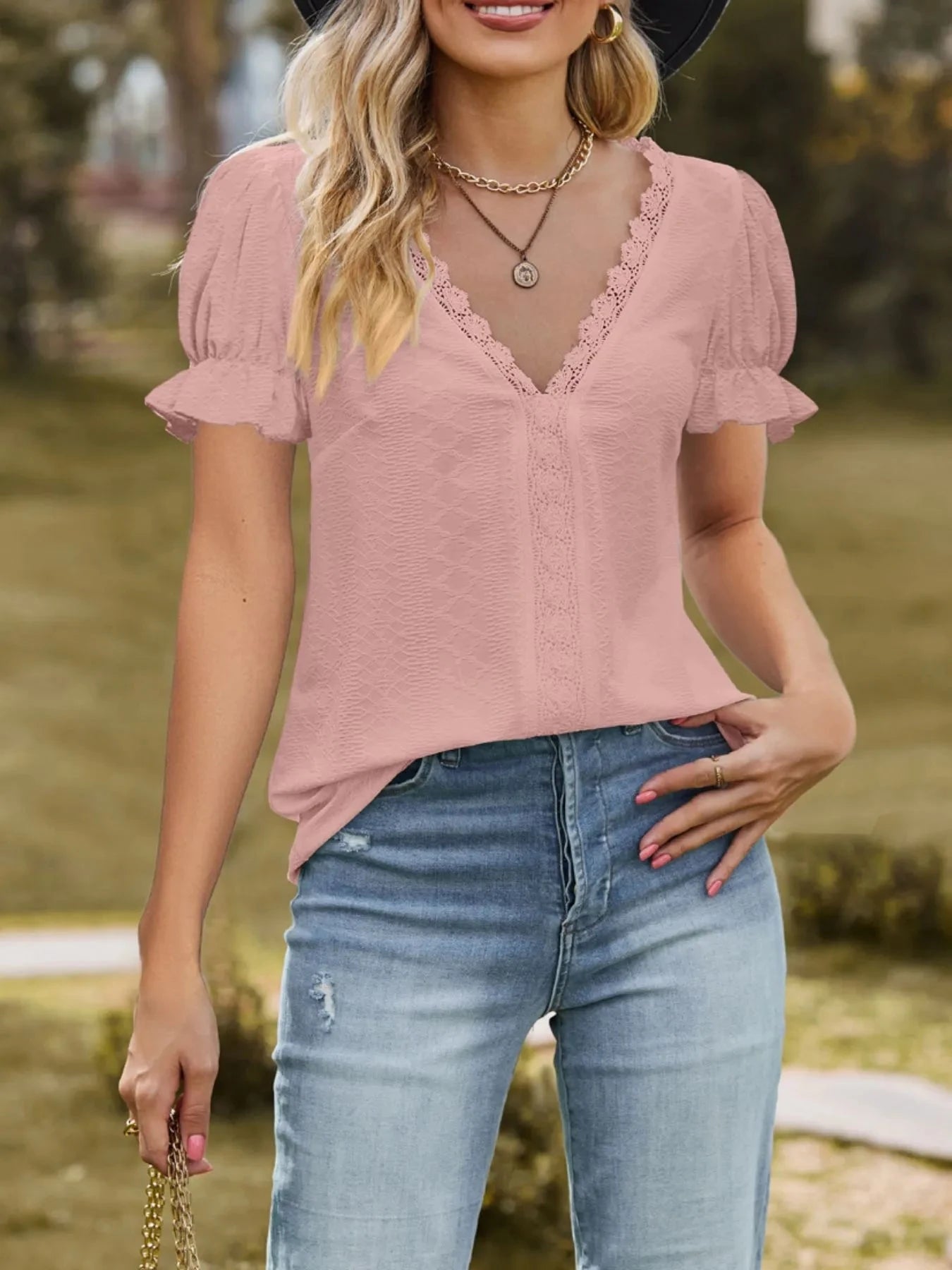 Lace Trim V-Neck Puff Sleeve Blouse