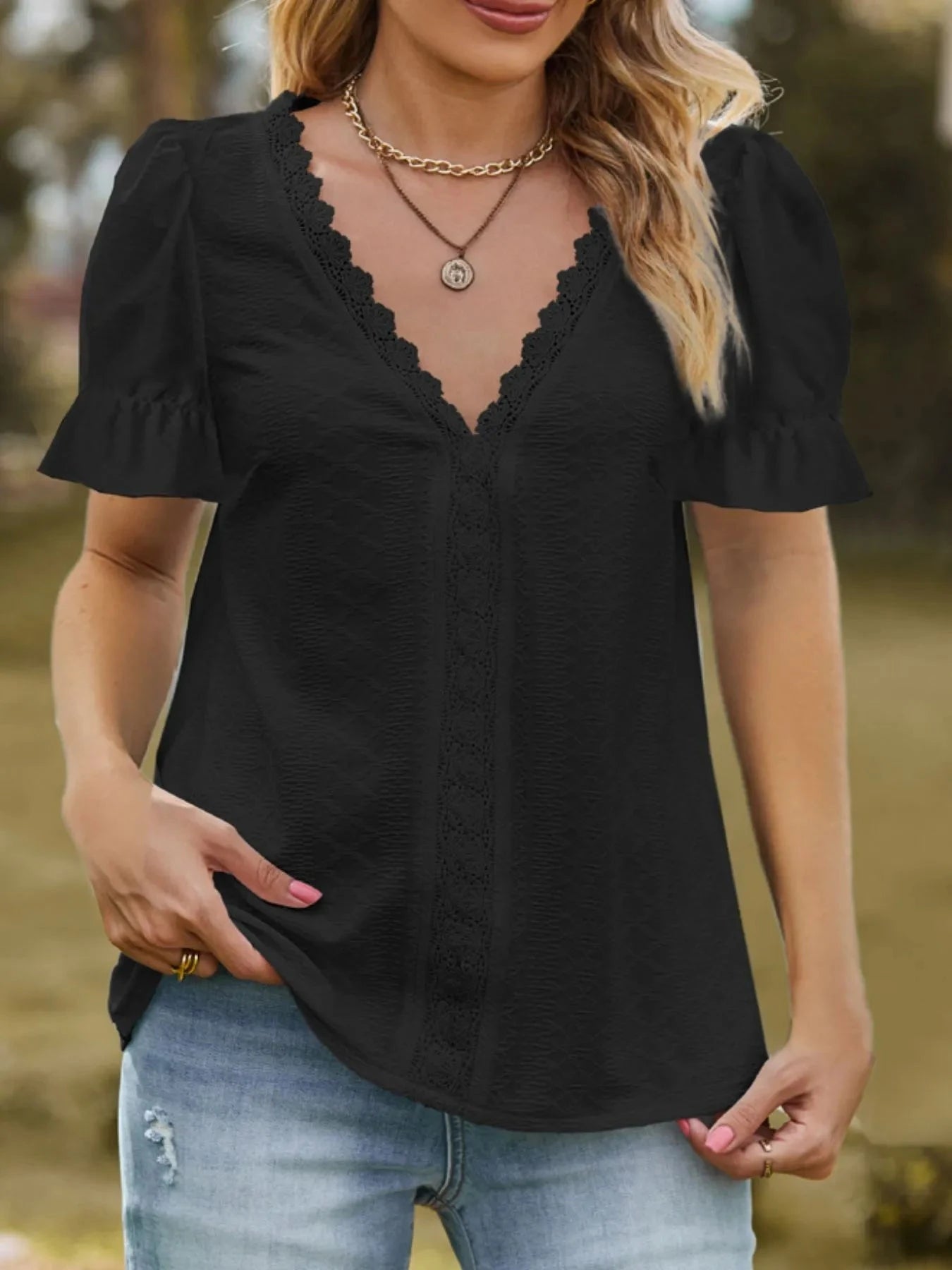Lace Trim V-Neck Puff Sleeve Blouse Black / S