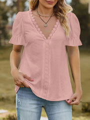 Lace Trim V-Neck Puff Sleeve Blouse Blush Pink / S