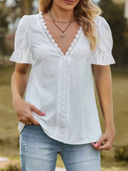 Lace Trim V-Neck Puff Sleeve Blouse White / S