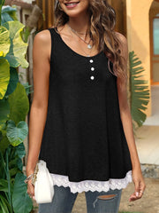 Lace Trim Wide Strap Tank Top Black / S