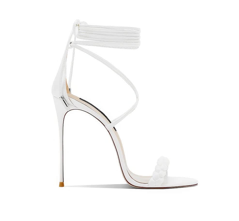 Lace Up Ankle Strap Braided Open Toe Heels EU 33 / White / 6CM