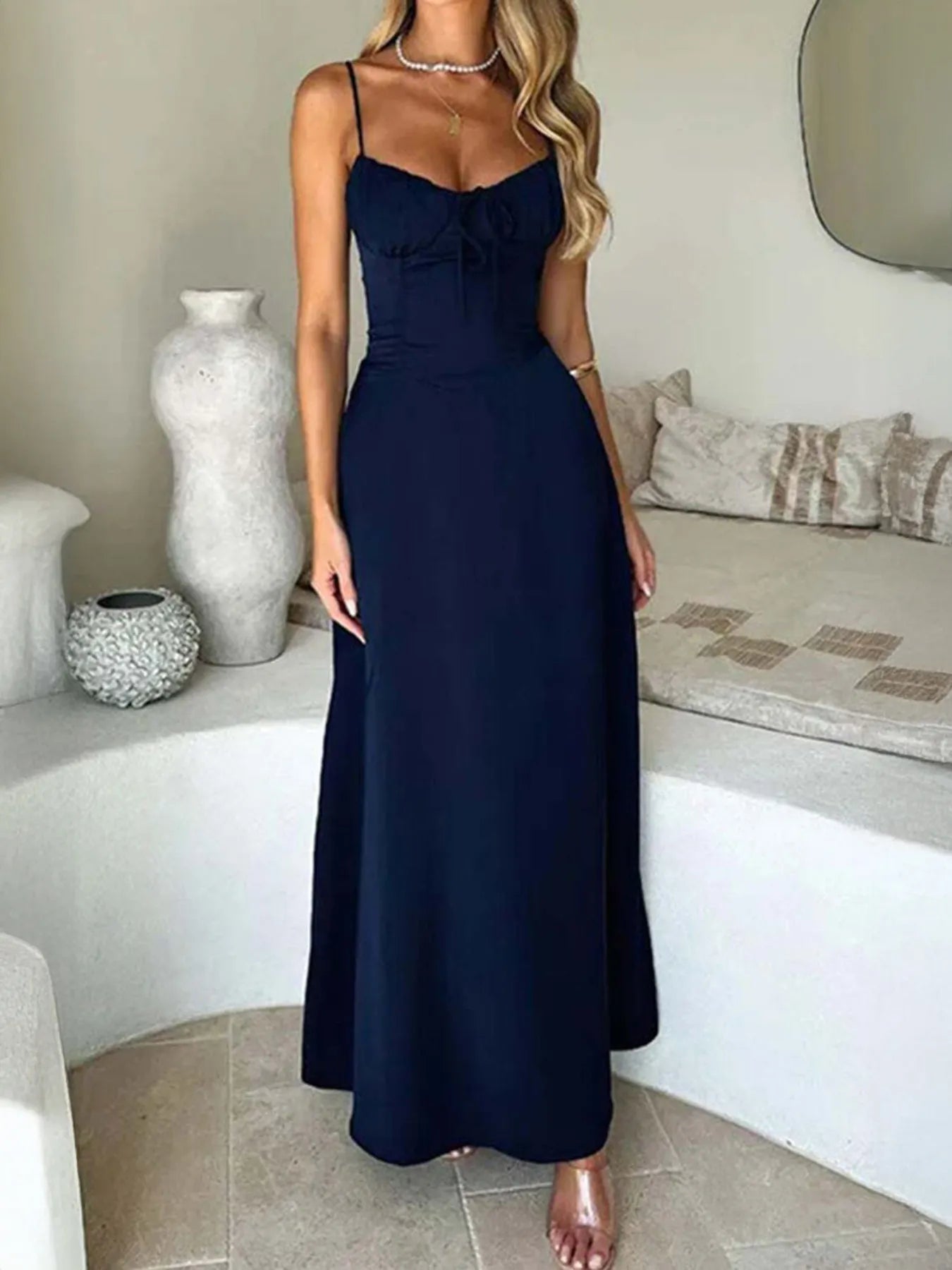Lace-Up Solid Cami Dress Navy / S