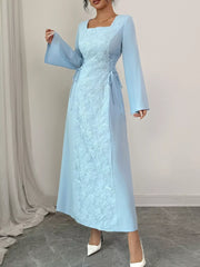 Lace Up Square Neck Long Sleeve Maxi Dress