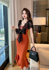 Laced Bowtie Mermaid Column Midi Dress S / Chocolate