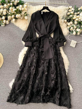 Lantern Sleeves Belted Lace Feathered Maxi Dress M / Black
