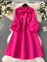 Lantern Sleeves Bow Sash Pleated Maxi Dress S / DeepPink