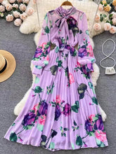 Lantern Sleeves Collared Sash Floral Print Maxi Pleat Dress S / Plum