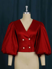 Lantern Sleeves Deep V-Neck Double-Breasted Top