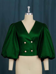 Lantern Sleeves Deep V-Neck Double-Breasted Top