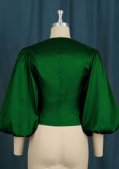Lantern Sleeves Deep V-Neck Double-Breasted Top