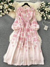 Lantern Sleeves Floral Print Midi A-line Dress S / Pink