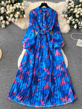 Lantern Sleeves Floral Print Pleated Maxi Dress MAX SIZE / Blue