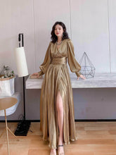 Lantern Sleeves Metallic Gold Maxi Dress S / Gold