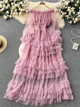 Lantern Sleeves Off-Shoulder Mesh Ruffled Layered Maxi Dress MAX SIZE / Plum