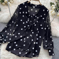 Lantern Sleeves Polka Dot Bow Sash Blouse