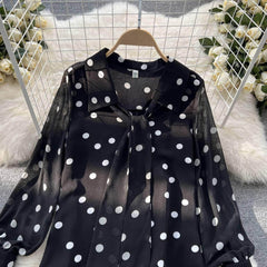 Lantern Sleeves Polka Dot Bow Sash Blouse