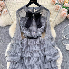 Lantern Sleeves Ruffled Layered Bow Rhinestone Detailed Mesh Dress