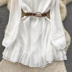 Lantern Sleeves Shirred Frill Hem Skater Dress