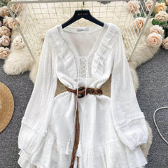 Lantern Sleeves Shirred Frill Hem Skater Dress