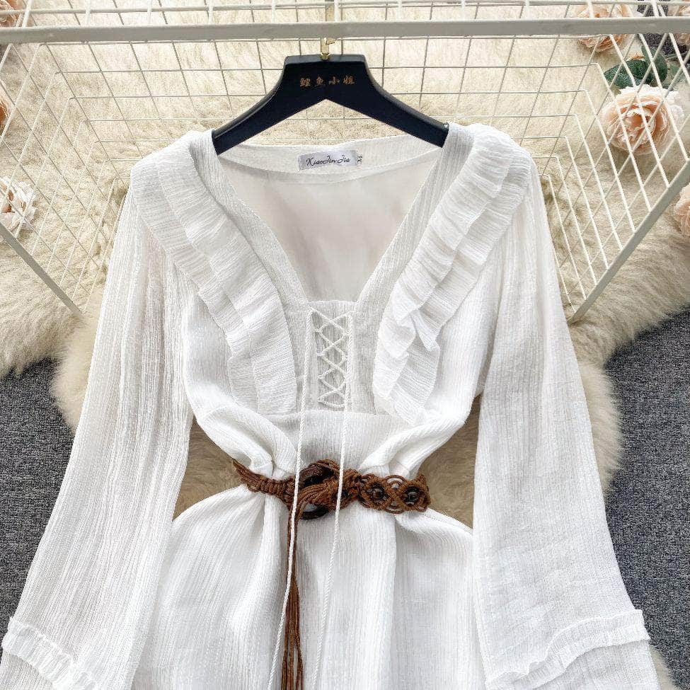 Lantern Sleeves Shirred Frill Hem Skater Dress
