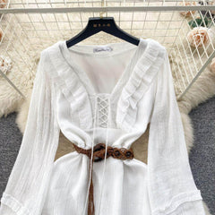 Lantern Sleeves Shirred Frill Hem Skater Dress