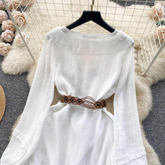 Lantern Sleeves Shirred Frill Hem Skater Dress