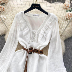 Lantern Sleeves Shirred Frill Hem Skater Dress