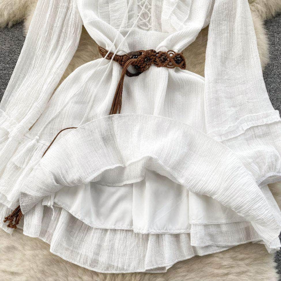 Lantern Sleeves Shirred Frill Hem Skater Dress