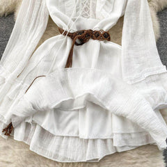 Lantern Sleeves Shirred Frill Hem Skater Dress