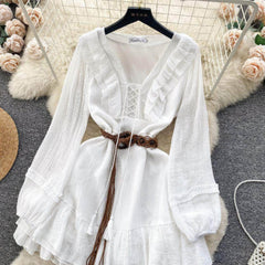 Lantern Sleeves Shirred Frill Hem Skater Dress