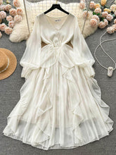 Lantern Sleeves V-Neck Flowy Maxi Dress S / Ivory