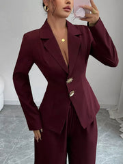 Lapel Collar Blazer & Wide Leg Pants Set
