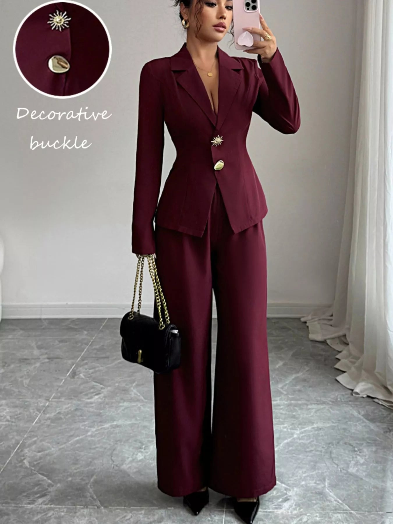 Lapel Collar Blazer & Wide Leg Pants Set