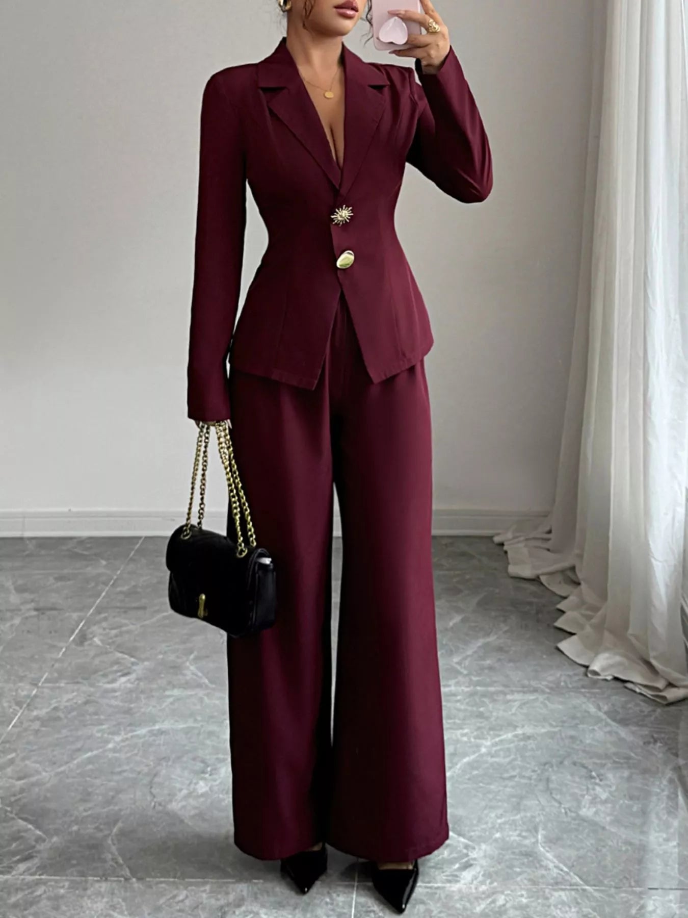 Lapel Collar Blazer & Wide Leg Pants Set Burgundy / S