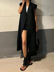 Lapel Collar Sleeveless Longline Blazer