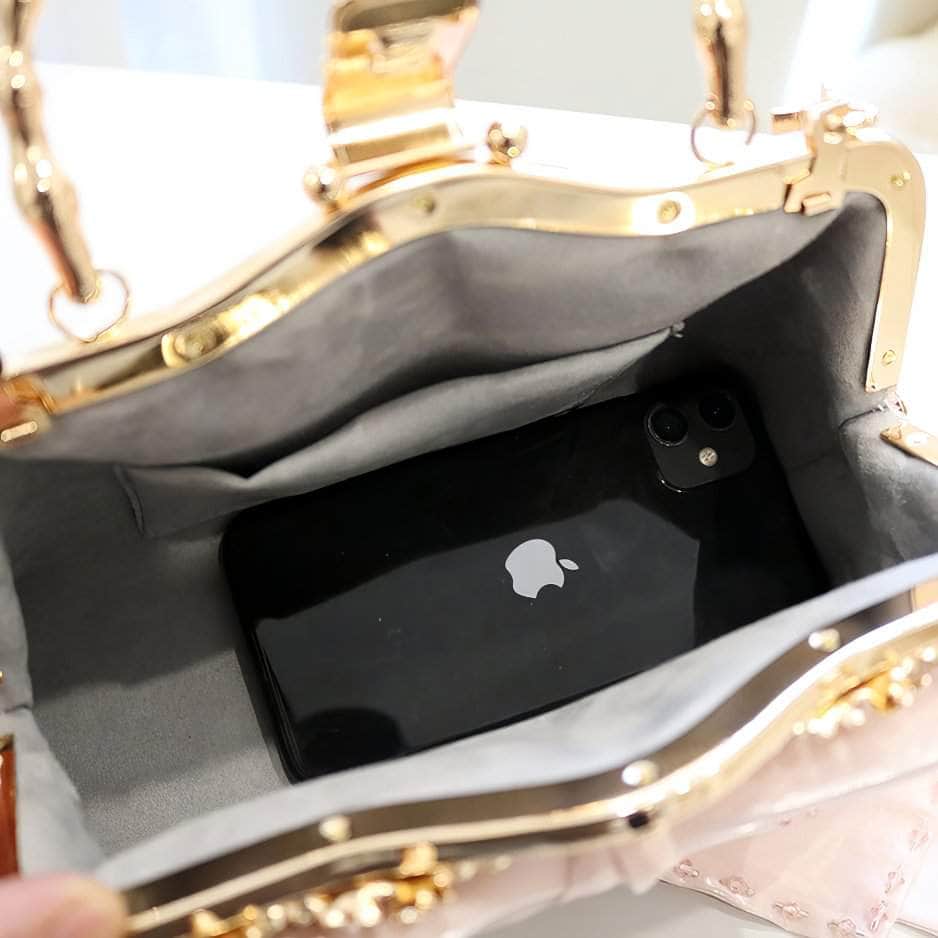 Large Bow Detailed Shimmery Top Handle Purse