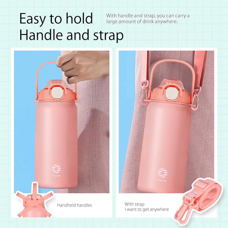 Large stainless steel thermos bottle: straw, for hot and cold drinks
