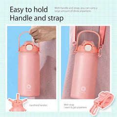 Large stainless steel thermos bottle: straw, for hot and cold drinks