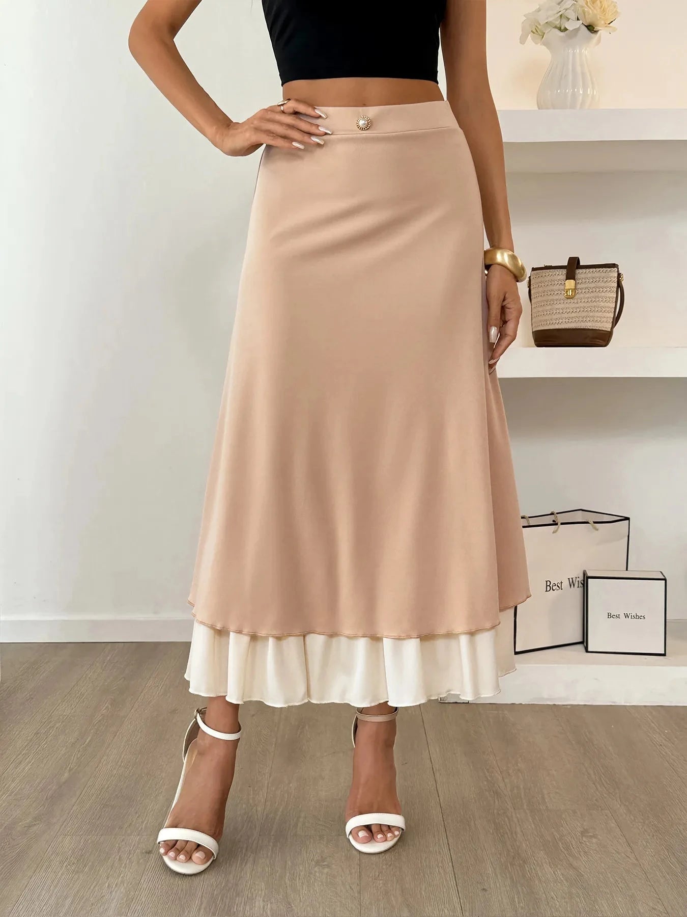 Layered Midi Skirt with Contrast Hem Detail Khaki / S