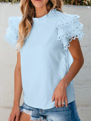 Layered Ric Rac Short Sleeve Filled Neck Blouse