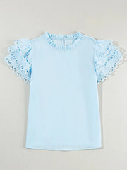 Layered Ric Rac Short Sleeve Filled Neck Blouse
