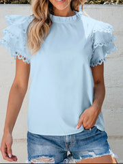 Layered Ric Rac Short Sleeve Filled Neck Blouse Beau Blue / S