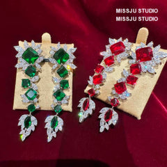 Leaf Themed Paved Crystals Geometry Gemstone Dangle Earrings