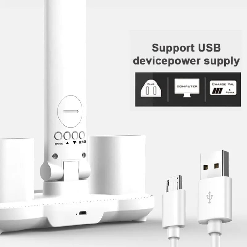 LED Clock Table Lamp - USB Chargeable, Dimmable Desk Lamp with 2 Heads, 180° Rotate, Foldable, Eye Protection, Desktop Reading Night Lights